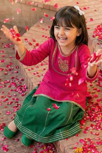 Petite Pomme_Pink Silk Embroidery, Zari Paisley Kurta And Lehenga Set _Online_at_Aza_Fashions