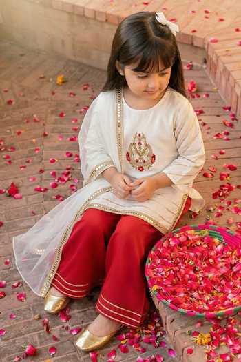 Petite Pomme_White Crepe, Net Embroidery, Zari Placement Kurta Palazzo Set _at_Aza_Fashions