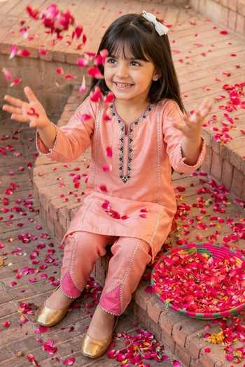 Petite Pomme_Pink Crepe Embroidery, Mirrors Placket Kurta And Pant Set _Online_at_Aza_Fashions