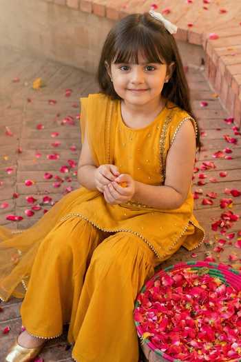 Petite Pomme_Yellow Silk, Net Mirrors Embroidered Kurta Palazzo Set _Online_at_Aza_Fashions