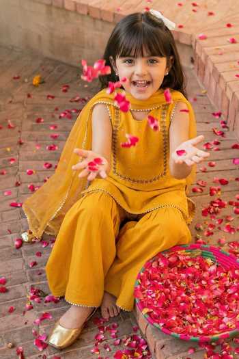 Buy_Petite Pomme_Yellow Silk, Net Mirrors Embroidered Kurta Palazzo Set _Online_at_Aza_Fashions