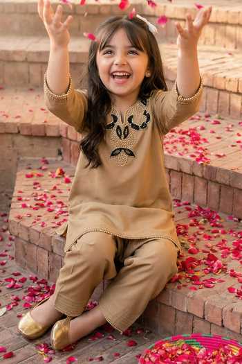 Petite Pomme_Brown Crepe Embroidery, Beads, Pearls Kurta And Pant Set _Online_at_Aza_Fashions