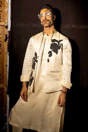Mahima Mahajan_Black Satin, Linen Beads, Patchwork Adyant Nehru Jacket And Kurta Set _Online_at_Aza_Fashions