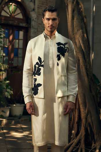 Buy_Mahima Mahajan_Black Satin, Linen Beads, Patchwork Adyant Nehru Jacket And Kurta Set _Online_at_Aza_Fashions
