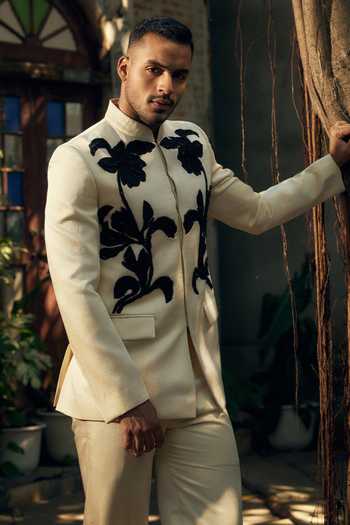 Mahima Mahajan_Black Satin, Linen Embroidery, Sequins Daksh Bandhgala And Trouser Set _Online_at_Aza_Fashions