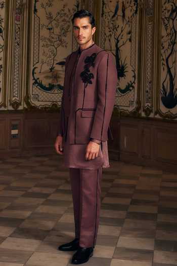 Mahima Mahajan_Purple Silk, Satin, Linen Beads Firaz Geometric Floral Matka Kurta Set _Online_at_Aza_Fashions
