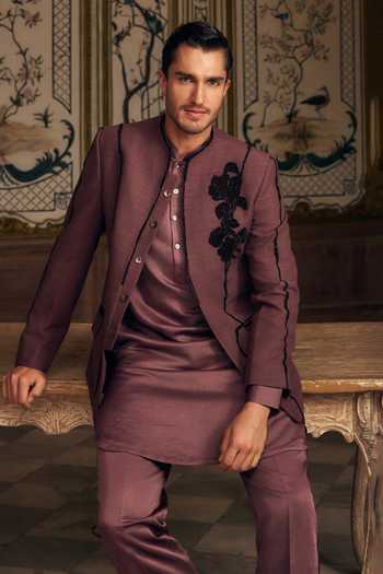 Shop_Mahima Mahajan_Purple Silk, Satin, Linen Beads Firaz Geometric Floral Matka Kurta Set _Online_at_Aza_Fashions