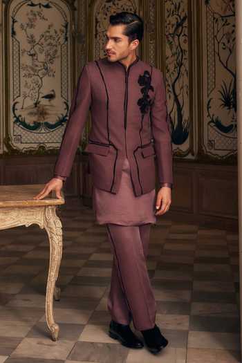 Mahima Mahajan_Purple Silk, Satin, Linen Beads Firaz Geometric Floral Matka Kurta Set _at_Aza_Fashions