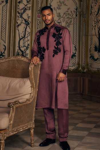 Buy_Mahima Mahajan_Purple Satin, Linen Applique Vivan Embroidered Kurta And Trouser Set _Online_at_Aza_Fashions