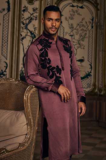 Shop_Mahima Mahajan_Purple Satin, Linen Applique Vivan Embroidered Kurta And Trouser Set _Online_at_Aza_Fashions