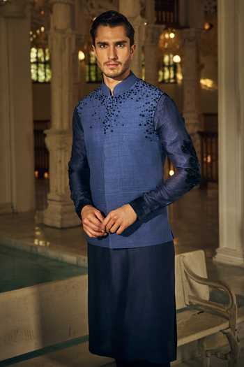 Mahima Mahajan_Navy Silk, Bemberg Beads Dheer Embroidered Bundi Kurta Set _Online_at_Aza_Fashions
