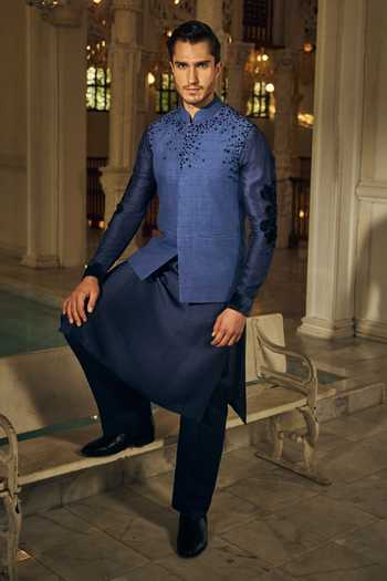 Buy_Mahima Mahajan_Navy Silk, Bemberg Beads Dheer Embroidered Bundi Kurta Set _Online_at_Aza_Fashions