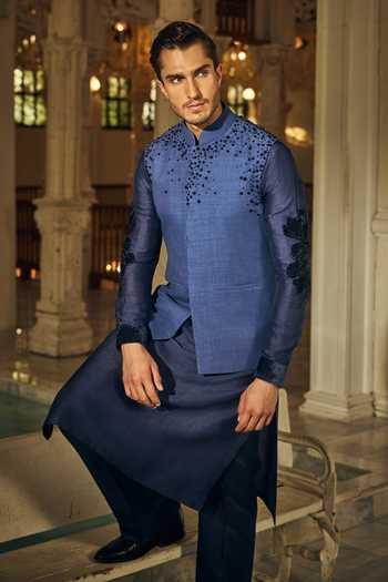 Shop_Mahima Mahajan_Navy Silk, Bemberg Beads Dheer Embroidered Bundi Kurta Set _Online_at_Aza_Fashions