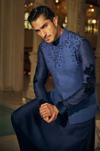 Mahima Mahajan_Navy Silk, Bemberg Beads Dheer Embroidered Bundi Kurta Set _at_Aza_Fashions
