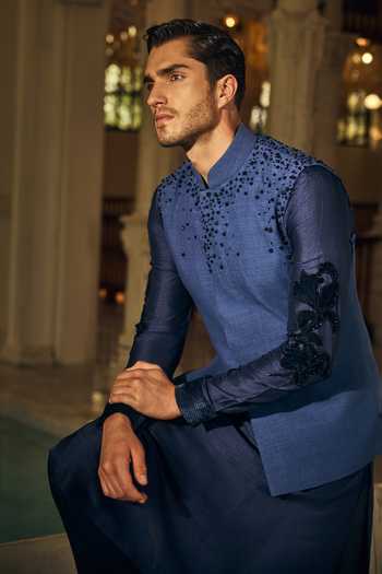Buy_Mahima Mahajan_Navy Silk, Bemberg Beads Dheer Embroidered Bundi Kurta Set 