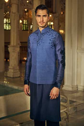 Shop_Mahima Mahajan_Navy Silk, Bemberg Beads Dheer Embroidered Bundi Kurta Set 