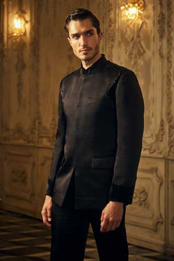 Mahima Mahajan_Black Satin, Linen Darsh Bandhgala And Trouser Set _Online_at_Aza_Fashions