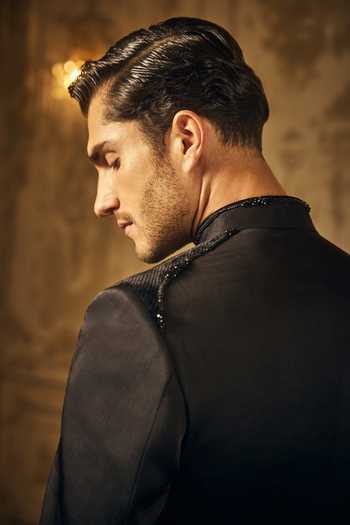 Buy_Mahima Mahajan_Black Satin, Linen Darsh Bandhgala And Trouser Set _Online_at_Aza_Fashions