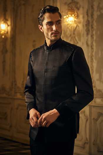 Shop_Mahima Mahajan_Black Satin, Linen Darsh Bandhgala And Trouser Set _Online_at_Aza_Fashions