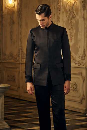Mahima Mahajan_Black Satin, Linen Darsh Bandhgala And Trouser Set _at_Aza_Fashions
