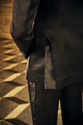 Buy_Mahima Mahajan_Black Satin, Linen Darsh Bandhgala And Trouser Set 