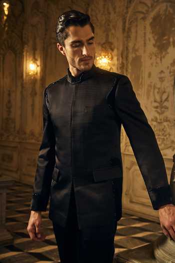 Mahima Mahajan_Black Satin, Linen Akshit Bandhgala _Online_at_Aza_Fashions