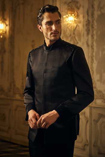 Buy_Mahima Mahajan_Black Satin, Linen Akshit Bandhgala _Online_at_Aza_Fashions