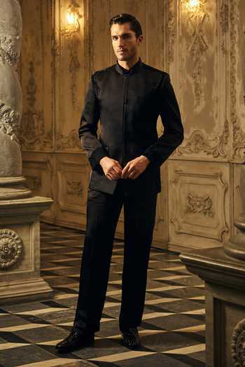 Shop_Mahima Mahajan_Black Satin, Linen Akshit Bandhgala _Online_at_Aza_Fashions