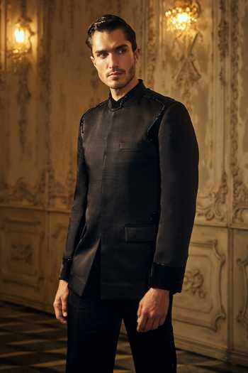 Buy_Mahima Mahajan_Black Satin, Linen Akshit Bandhgala 