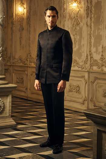 Shop_Mahima Mahajan_Black Satin, Linen Akshit Bandhgala 