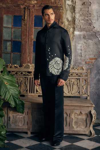 Mahima Mahajan_Black Satin, Linen Applique Ishan Abstract Shirt And Trouser Set _Online_at_Aza_Fashions