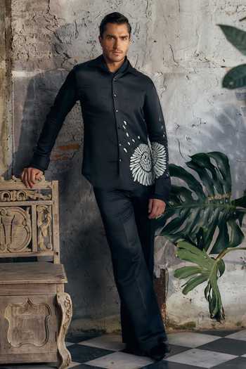 Buy_Mahima Mahajan_Black Satin, Linen Applique Ishan Abstract Shirt And Trouser Set _Online_at_Aza_Fashions