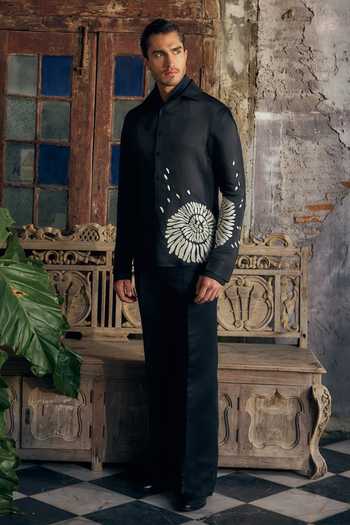 Mahima Mahajan_Black Satin, Linen Applique Vidyut Abstract Shirt _Online_at_Aza_Fashions