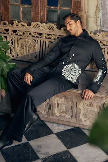 Buy_Mahima Mahajan_Black Satin, Linen Applique Vidyut Abstract Shirt _Online_at_Aza_Fashions
