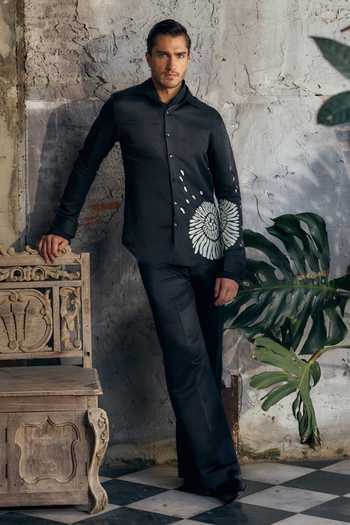 Shop_Mahima Mahajan_Black Satin, Linen Applique Vidyut Abstract Shirt _Online_at_Aza_Fashions