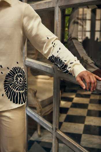 Mahima Mahajan_Off White Satin, Linen Applique Hiral Abstract Shirt And Trouser Set _Online_at_Aza_Fashions