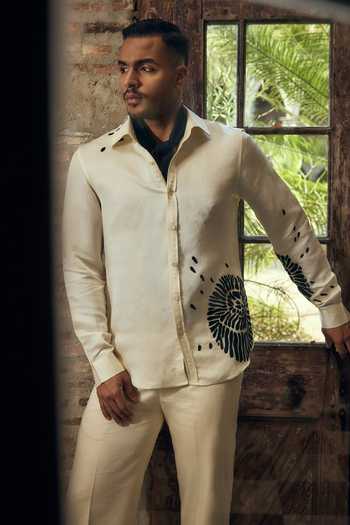 Buy_Mahima Mahajan_Off White Satin, Linen Applique Hiral Abstract Shirt And Trouser Set _Online_at_Aza_Fashions