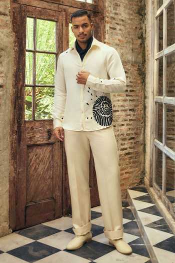 Mahima Mahajan Off White Satin, Linen Applique Viral Shirt at Aza Fashions Mahima Mahajan_Off White Satin, Linen Applique Viral Shirt _at_Aza_Fashions