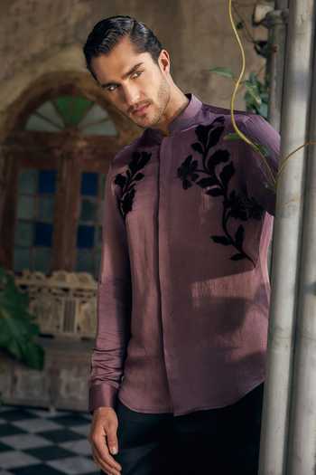 Mahima Mahajan_Purple Satin, Linen Applique Avyan Art Contempo Shirt _Online_at_Aza_Fashions