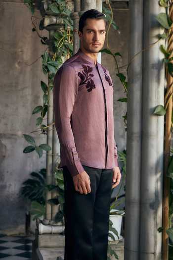 Buy_Mahima Mahajan_Purple Satin, Linen Applique Avyan Art Contempo Shirt _Online_at_Aza_Fashions