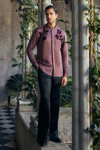 Shop_Mahima Mahajan_Purple Satin, Linen Applique Avyan Art Contempo Shirt _Online_at_Aza_Fashions
