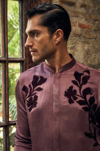 Mahima Mahajan_Purple Satin, Linen Applique Avyan Art Contempo Shirt _at_Aza_Fashions