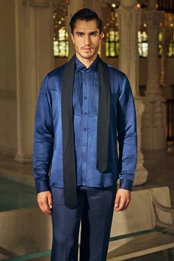 Mahima Mahajan_Navy Satin, Linen Ayan Shirt _Online_at_Aza_Fashions
