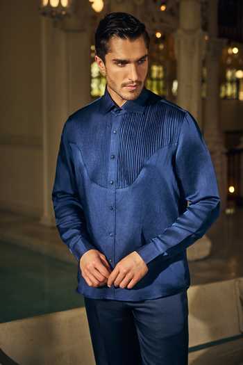 Buy_Mahima Mahajan_Navy Satin, Linen Ayan Shirt _Online_at_Aza_Fashions