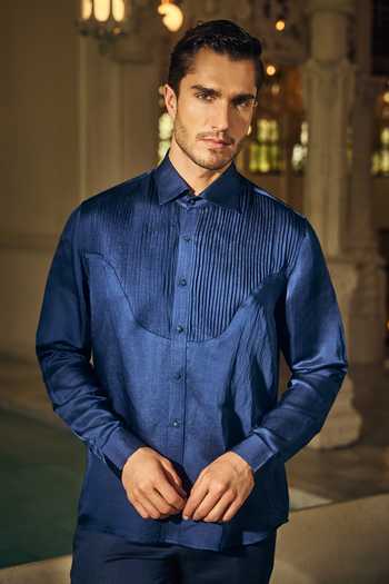 Shop_Mahima Mahajan_Navy Satin, Linen Ayan Shirt _Online_at_Aza_Fashions