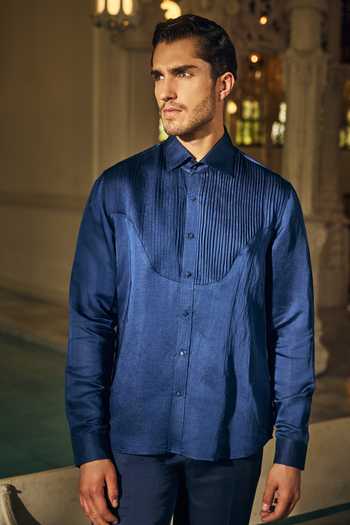 Mahima Mahajan_Navy Satin, Linen Ayan Shirt _at_Aza_Fashions