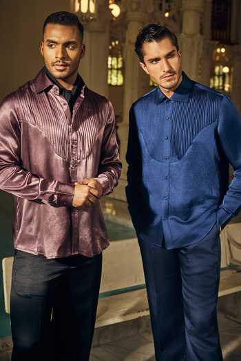 Buy_Mahima Mahajan_Navy Satin, Linen Ayan Shirt 