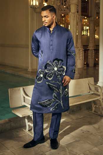 Mahima Mahajan_Navy Satin, Linen Embroidery Pran Kurta And Pant Set _Online_at_Aza_Fashions