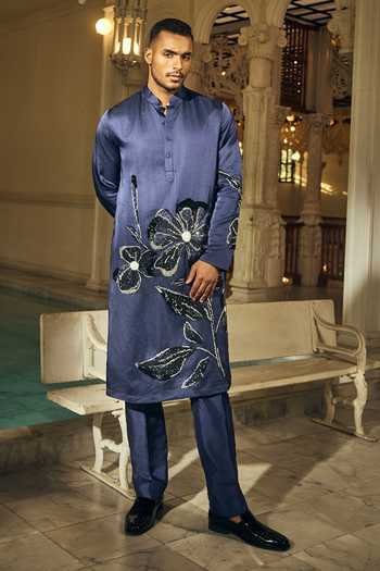 Buy_Mahima Mahajan_Navy Satin, Linen Embroidery Pran Kurta And Pant Set _Online_at_Aza_Fashions