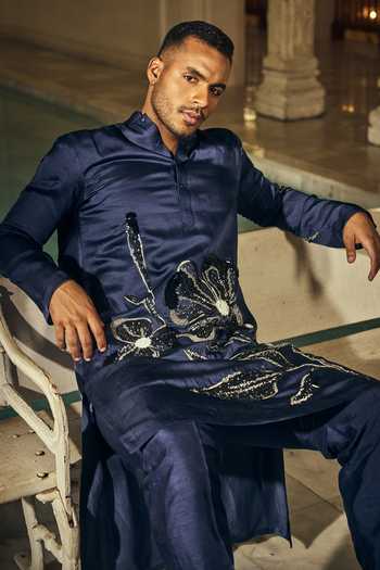 Shop_Mahima Mahajan_Navy Satin, Linen Embroidery Pran Kurta And Pant Set _Online_at_Aza_Fashions